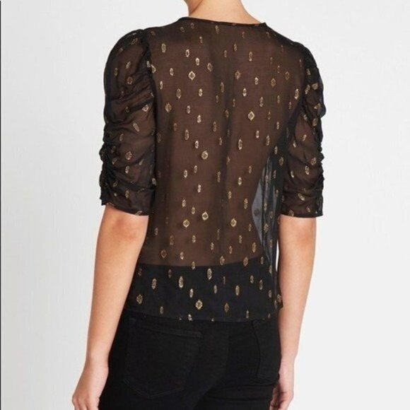 FRAME NWT Shirred Keyhole Top Womens XS in Noir Metallic Gold Sheer Lightweight - Picture 3 of 11